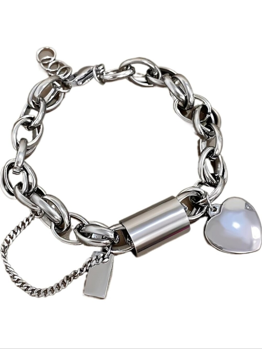 Sterling Silver Heart Charm Chain Bracelet - Women Jewelry